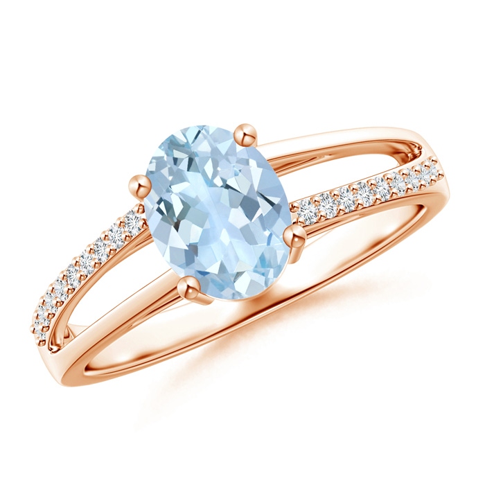 8x6mm AA Oval Aquamarine Split Shank Ring with Diamond Accents in Rose Gold 