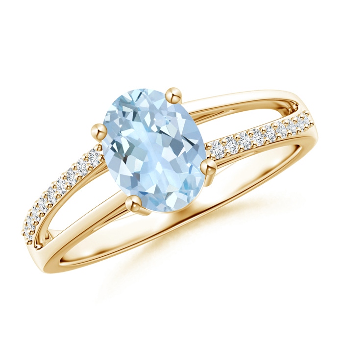 8x6mm AA Oval Aquamarine Split Shank Ring with Diamond Accents in Yellow Gold 