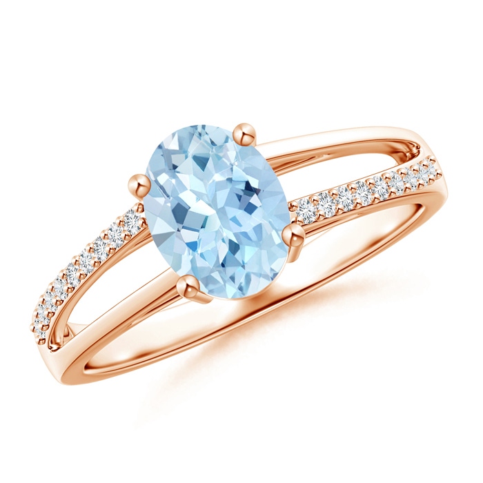8x6mm AAA Oval Aquamarine Split Shank Ring with Diamond Accents in Rose Gold 