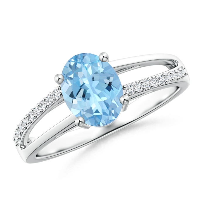 8x6mm AAAA Oval Aquamarine Split Shank Ring with Diamond Accents in P950 Platinum 