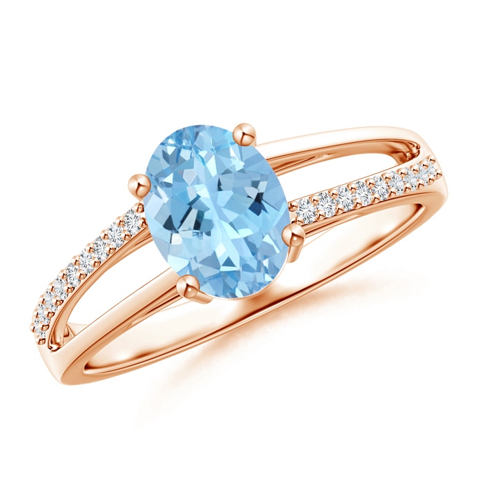 8x6mm AAAA Oval Aquamarine Split Shank Ring with Diamond Accents in Rose Gold 