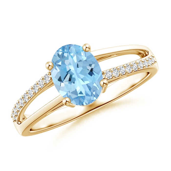 8x6mm AAAA Oval Aquamarine Split Shank Ring with Diamond Accents in Yellow Gold