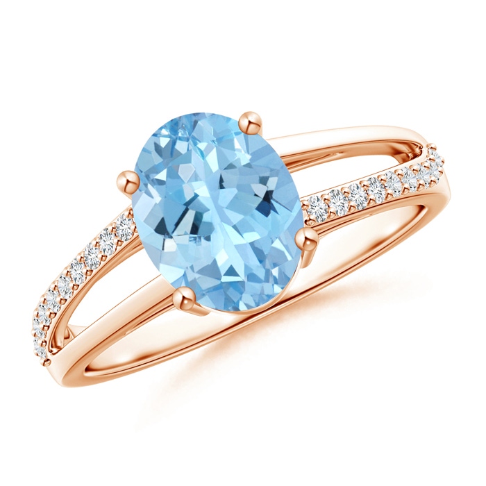 9x7mm AAAA Oval Aquamarine Split Shank Ring with Diamond Accents in Rose Gold 