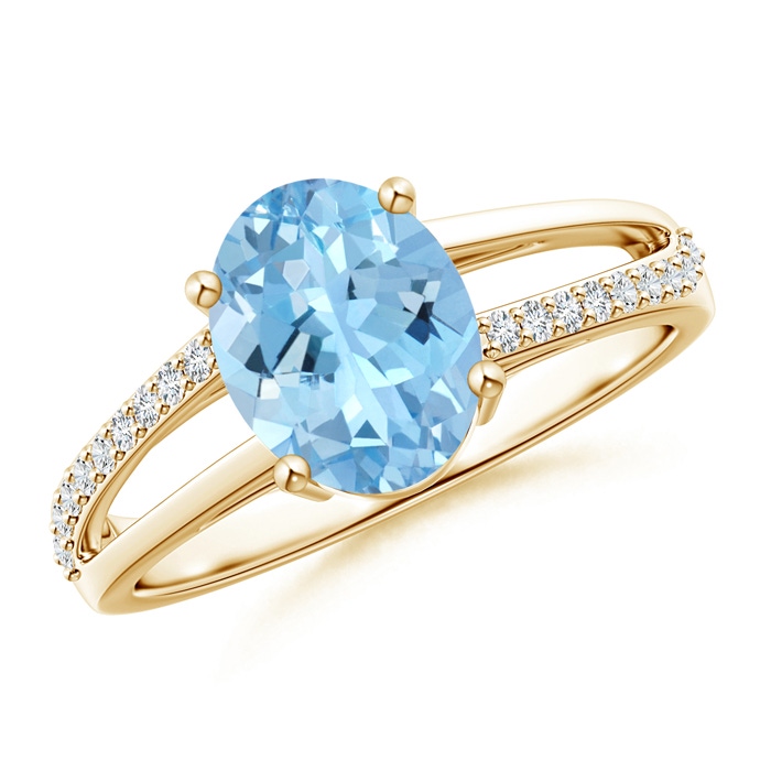 9x7mm AAAA Oval Aquamarine Split Shank Ring with Diamond Accents in Yellow Gold 