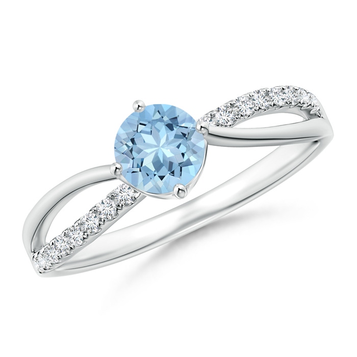 5mm AAA Round Aquamarine Split Shank Ring with Diamond Accents in White Gold 
