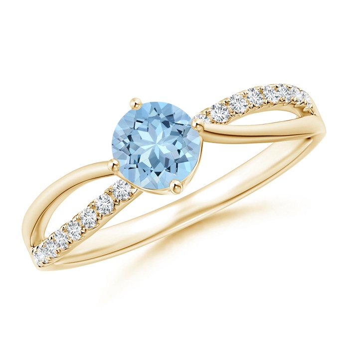 5mm AAA Round Aquamarine Split Shank Ring with Diamond Accents in Yellow Gold 