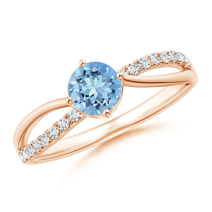 5mm AAAA Round Aquamarine Split Shank Ring with Diamond Accents in Rose Gold 