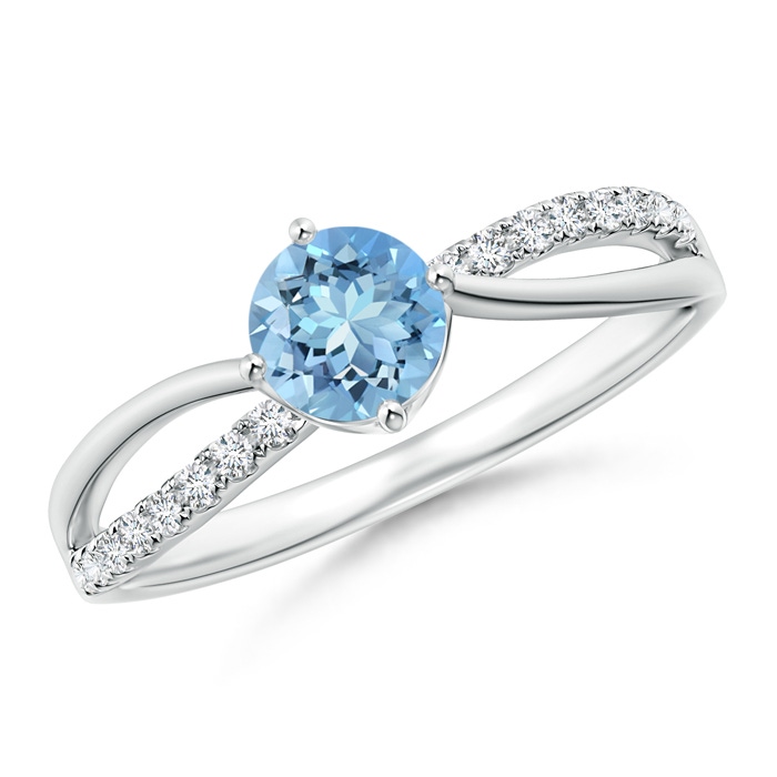 5mm AAAA Round Aquamarine Split Shank Ring with Diamond Accents in White Gold 