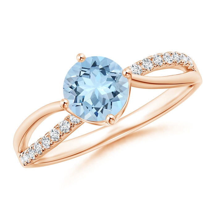 6mm AAA Round Aquamarine Split Shank Ring with Diamond Accents in Rose Gold 