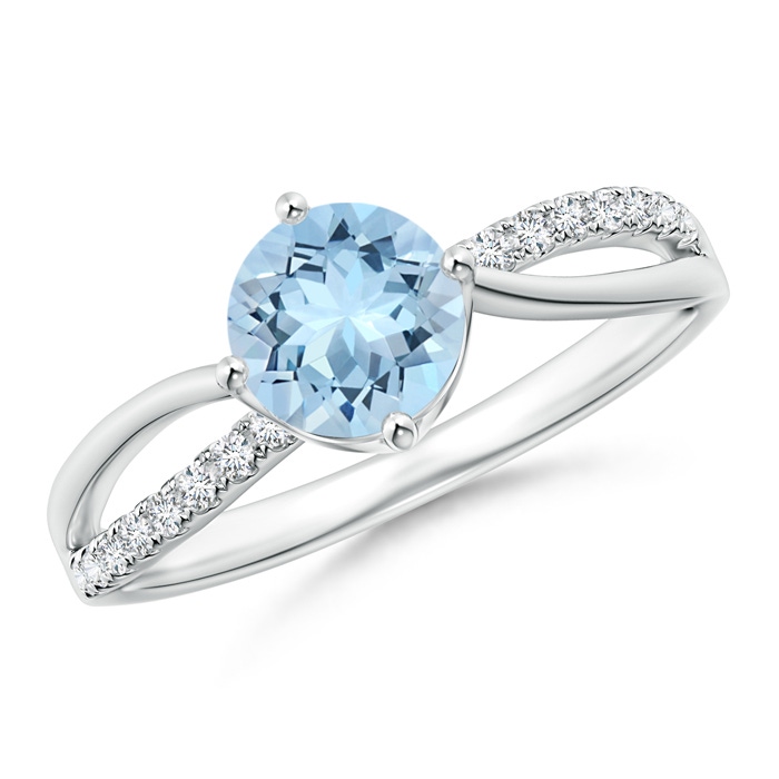 6mm AAA Round Aquamarine Split Shank Ring with Diamond Accents in White Gold 