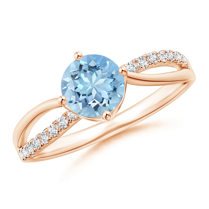 6mm AAAA Round Aquamarine Split Shank Ring with Diamond Accents in Rose Gold 