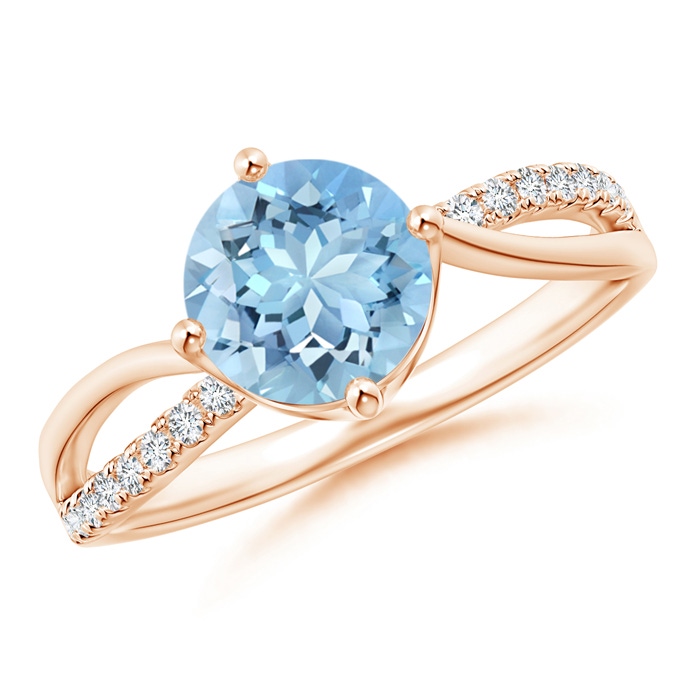 7mm AAAA Round Aquamarine Split Shank Ring with Diamond Accents in Rose Gold 