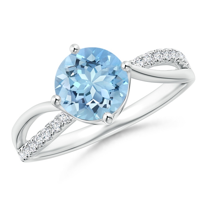 7mm AAAA Round Aquamarine Split Shank Ring with Diamond Accents in White Gold 