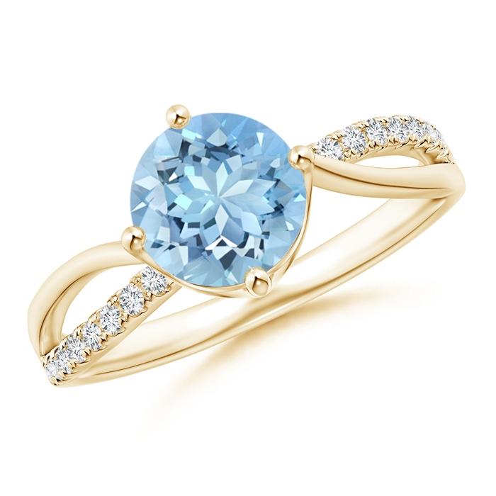 7mm AAAA Round Aquamarine Split Shank Ring with Diamond Accents in Yellow Gold