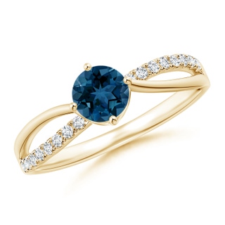 5mm AAA Round London Blue Topaz Split Shank Ring with Diamonds in Yellow Gold