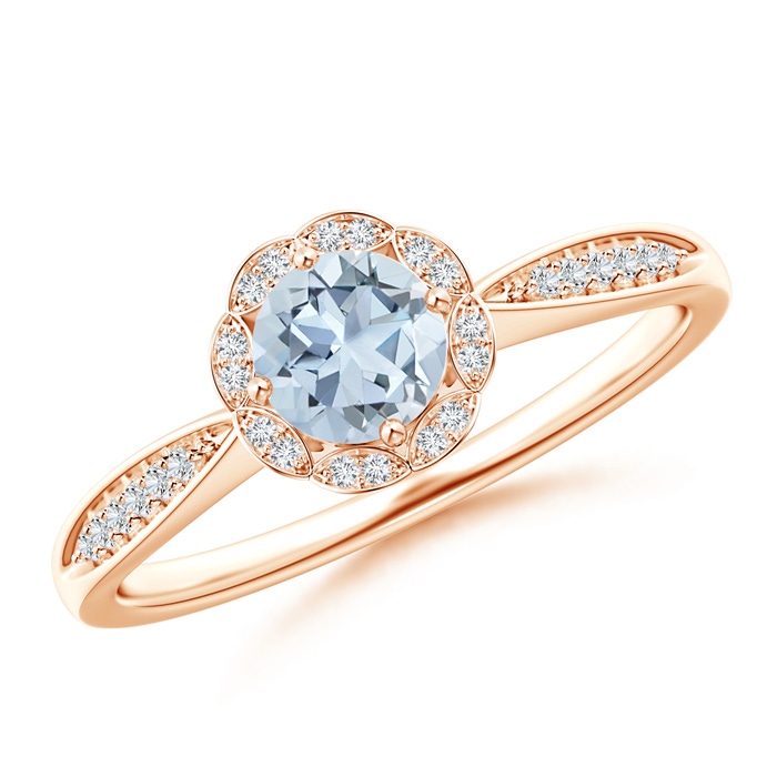 5mm A Round Floral Aquamarine Ring with Diamond Accents in Rose Gold