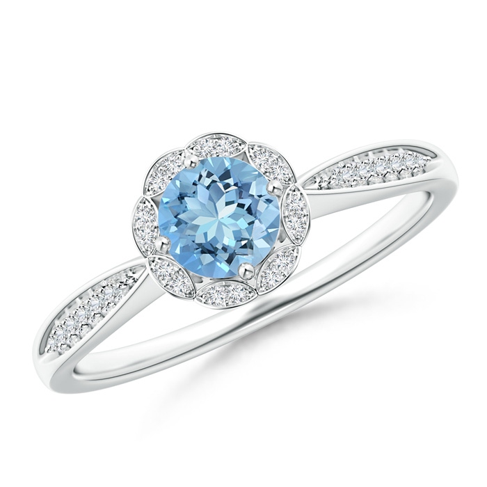 5mm AAAA Round Floral Aquamarine Ring with Diamond Accents in P950 Platinum