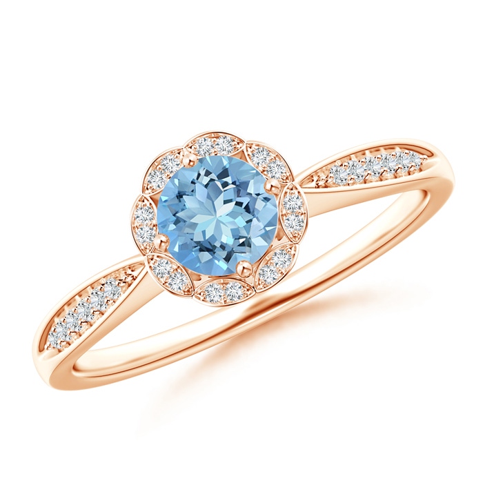5mm AAAA Round Floral Aquamarine Ring with Diamond Accents in Rose Gold