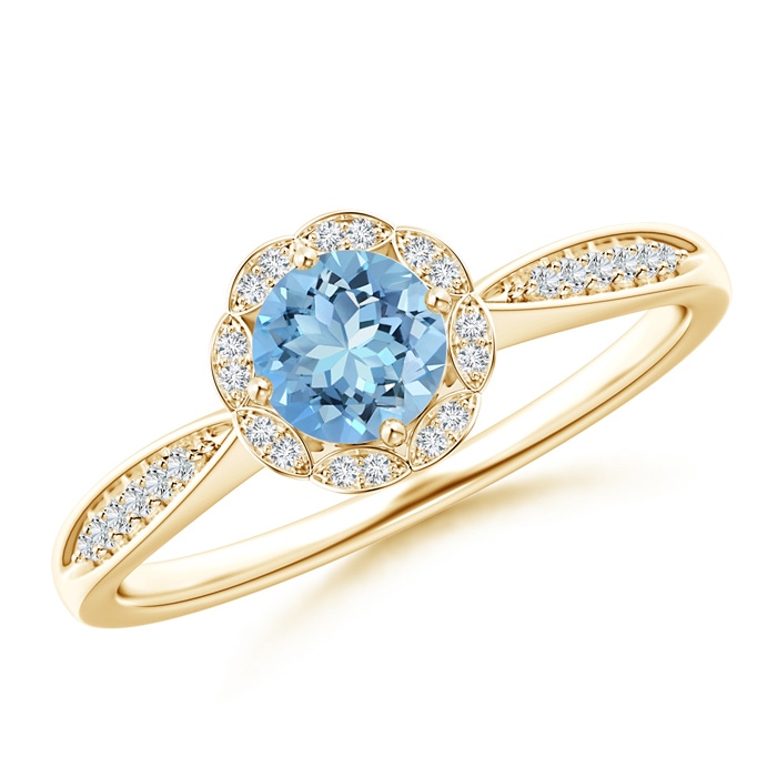 5mm AAAA Round Floral Aquamarine Ring with Diamond Accents in Yellow Gold