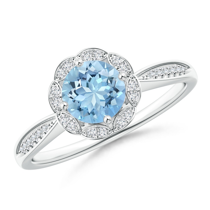 6mm AAAA Round Floral Aquamarine Ring with Diamond Accents in White Gold 