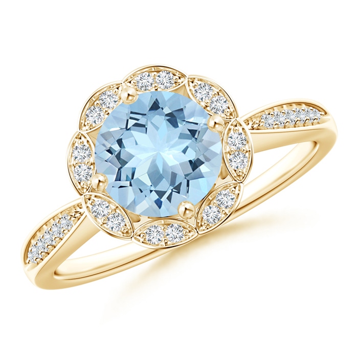 7mm AAA Round Floral Aquamarine Ring with Diamond Accents in Yellow Gold 