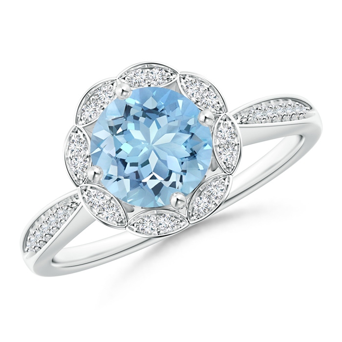 7mm AAAA Round Floral Aquamarine Ring with Diamond Accents in 9K White Gold 