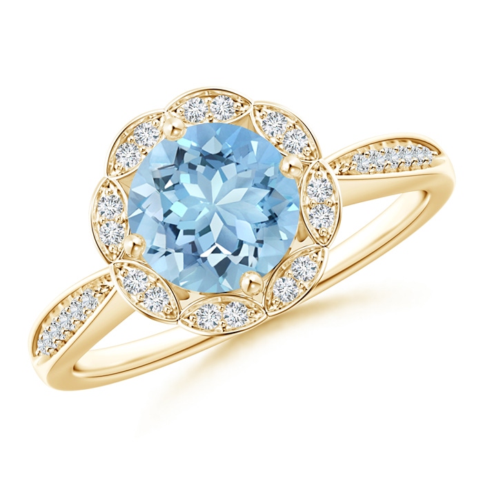 7mm AAAA Round Floral Aquamarine Ring with Diamond Accents in Yellow Gold