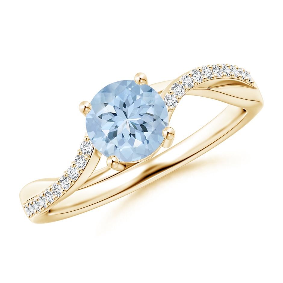 6mm AA Solitaire Aquamarine Twisted Split Shank Ring in Yellow Gold 