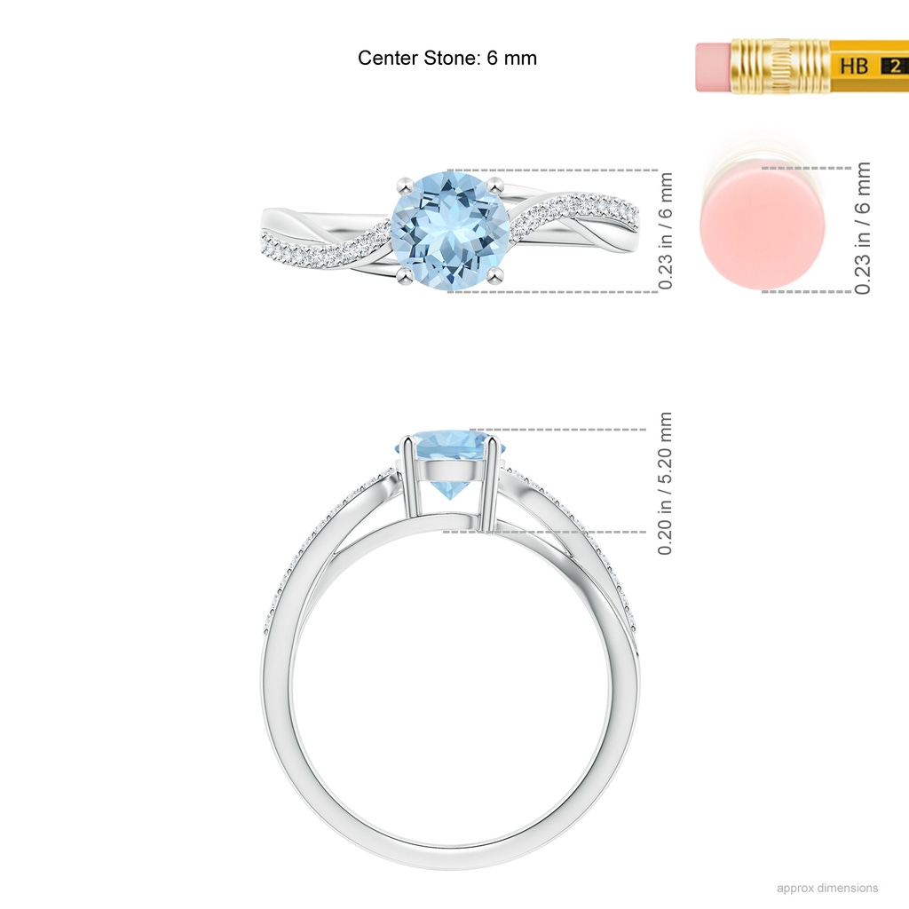 6mm AAA Solitaire Aquamarine Twisted Split Shank Ring in White Gold Ruler