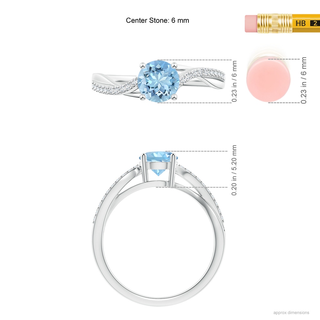 6mm AAAA Solitaire Aquamarine Twisted Split Shank Ring in P950 Platinum Ruler