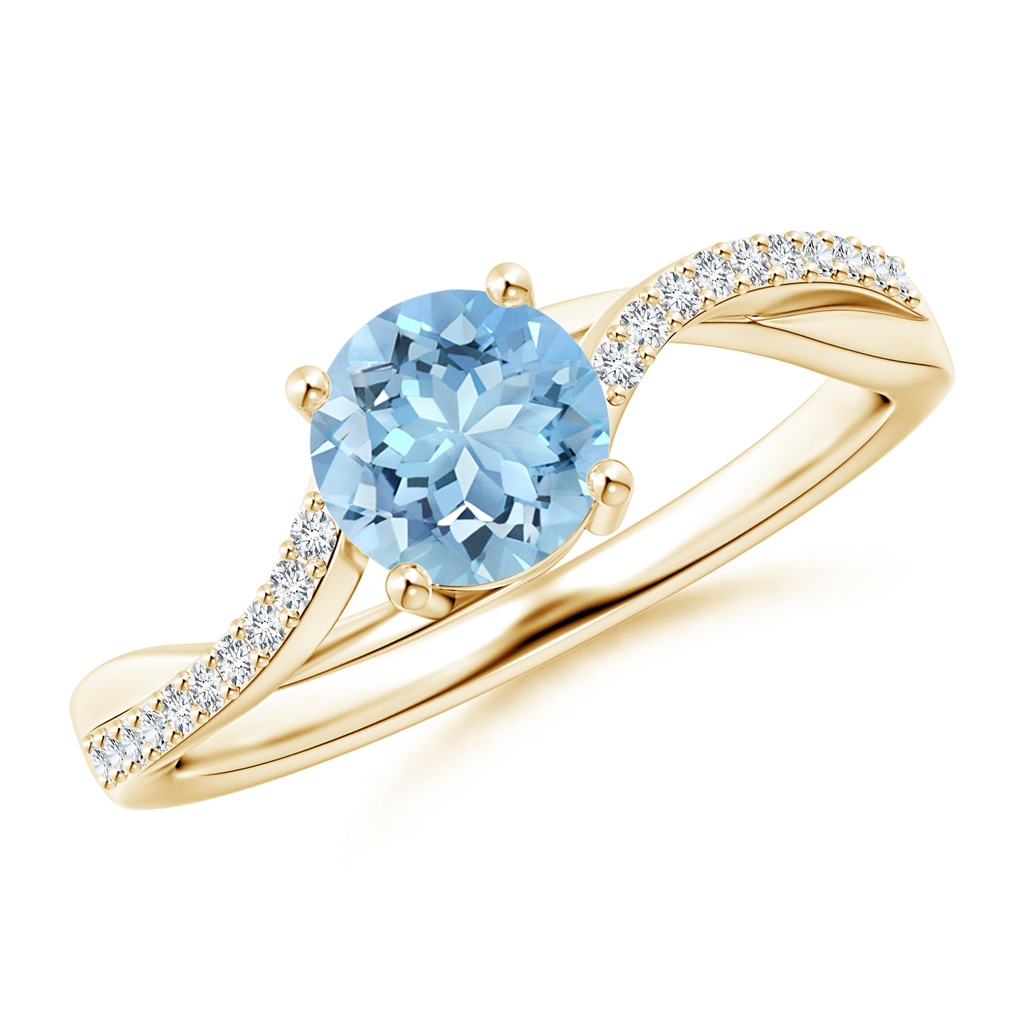 6mm AAAA Solitaire Aquamarine Twisted Split Shank Ring in Yellow Gold