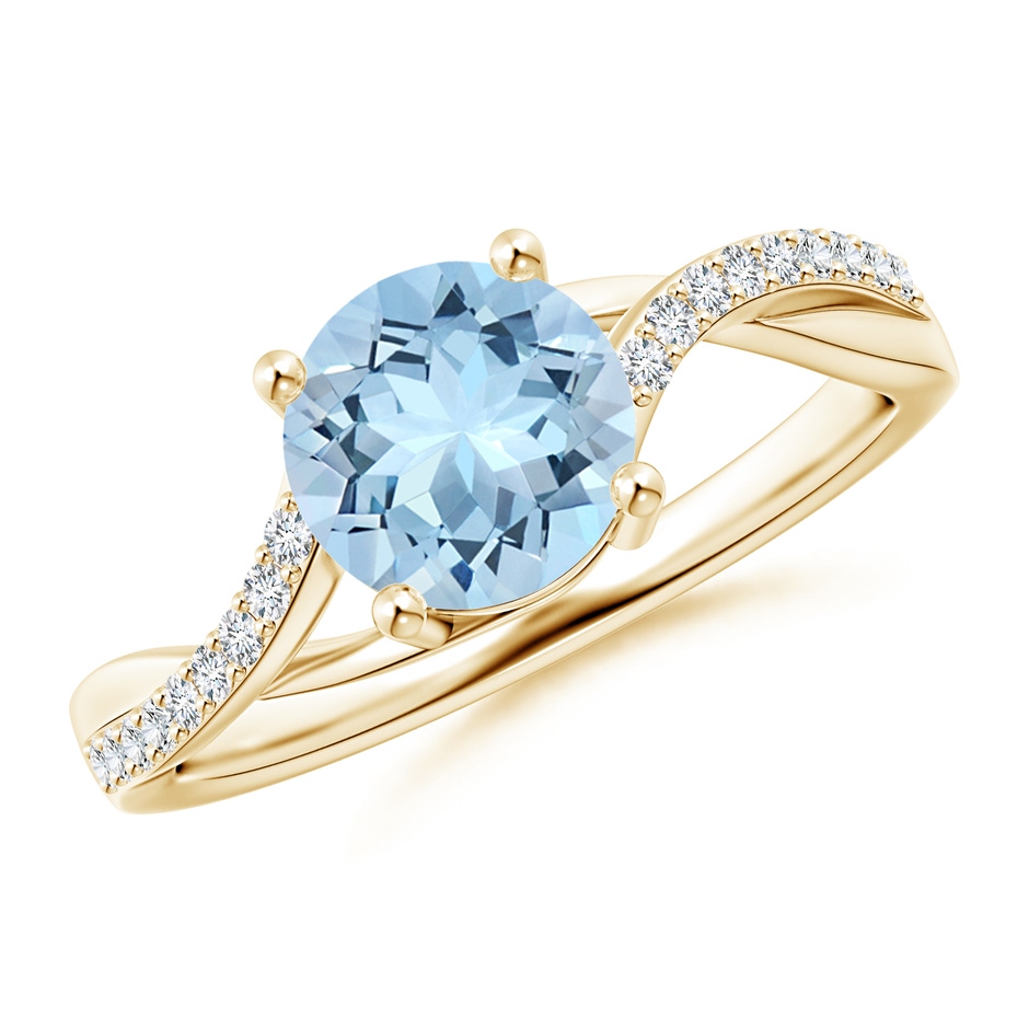 7mm AAA Solitaire Aquamarine Twisted Split Shank Ring in Yellow Gold 
