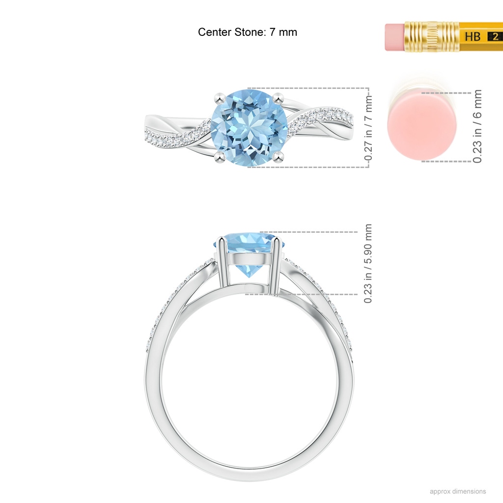 7mm AAAA Solitaire Aquamarine Twisted Split Shank Ring in P950 Platinum Ruler