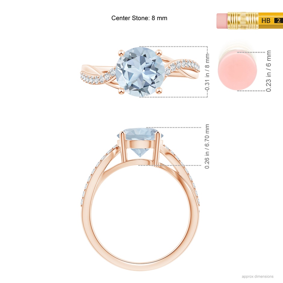 8mm A Solitaire Aquamarine Twisted Split Shank Ring in Rose Gold ruler