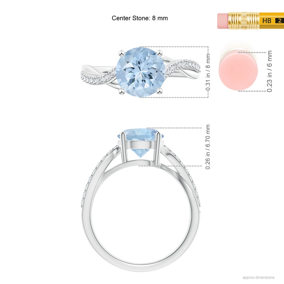 8mm AA Solitaire Aquamarine Twisted Split Shank Ring in White Gold ruler