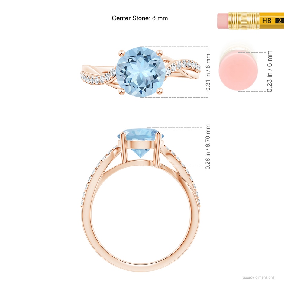 8mm AAA Solitaire Aquamarine Twisted Split Shank Ring in Rose Gold ruler