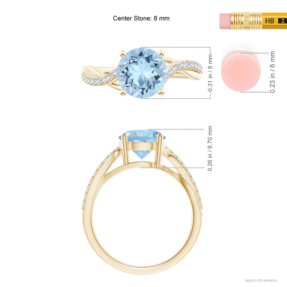 8mm AAA Solitaire Aquamarine Twisted Split Shank Ring in Yellow Gold ruler
