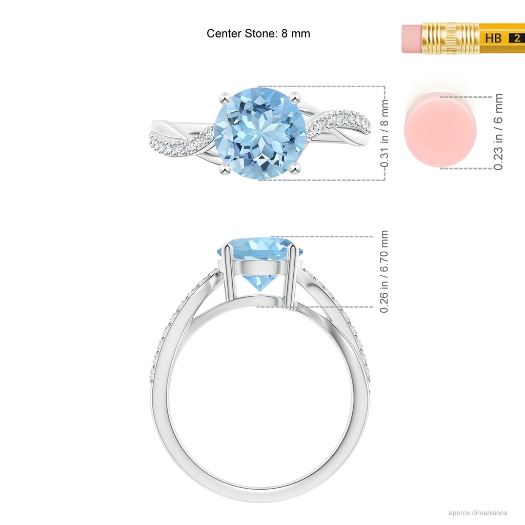 8mm AAAA Solitaire Aquamarine Twisted Split Shank Ring in White Gold Ruler