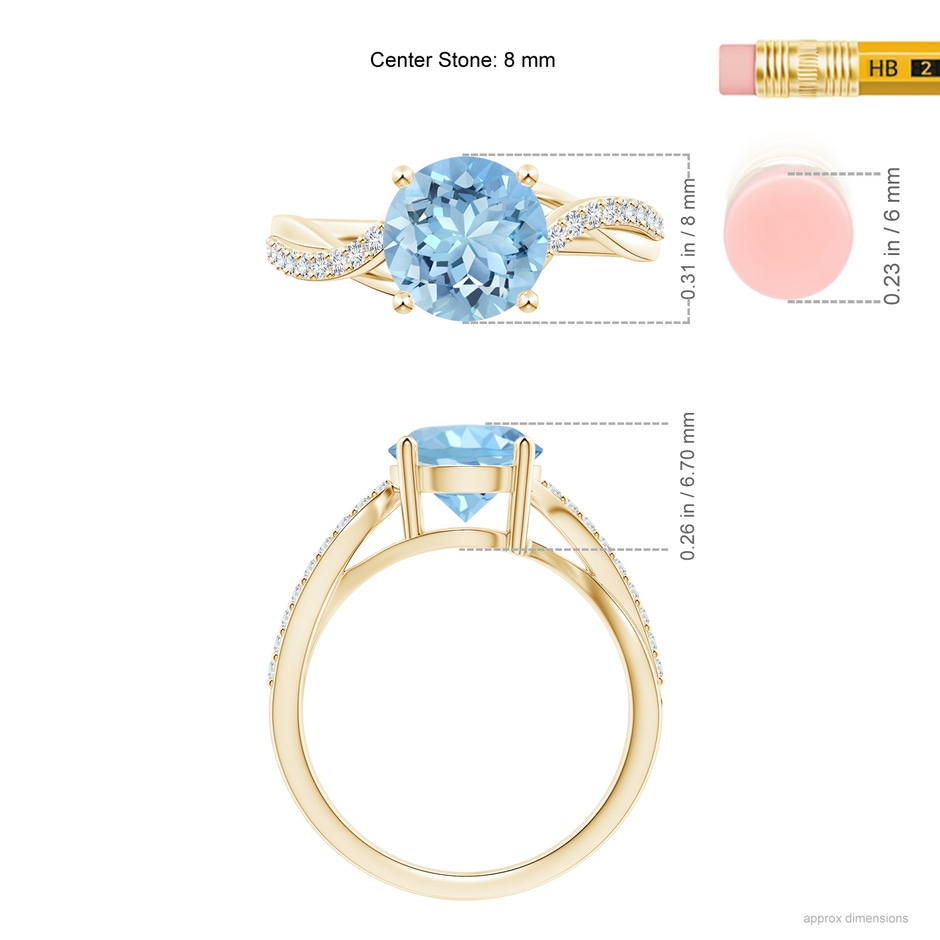 8mm AAAA Solitaire Aquamarine Twisted Split Shank Ring in Yellow Gold ruler