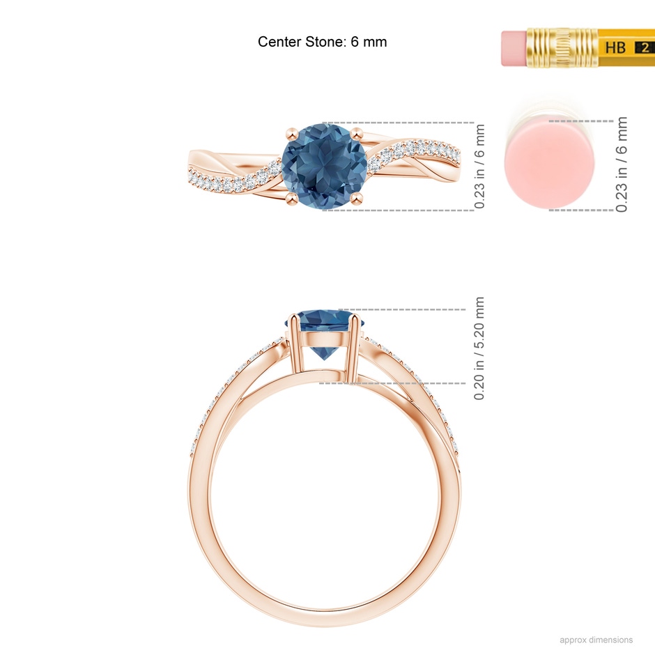 6mm A Solitaire London Blue Topaz Twisted Split Shank Ring in Rose Gold ruler
