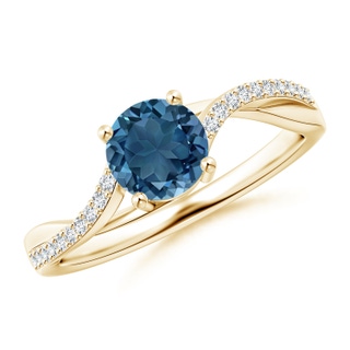 6mm AA Solitaire London Blue Topaz Twisted Split Shank Ring in 9K Yellow Gold