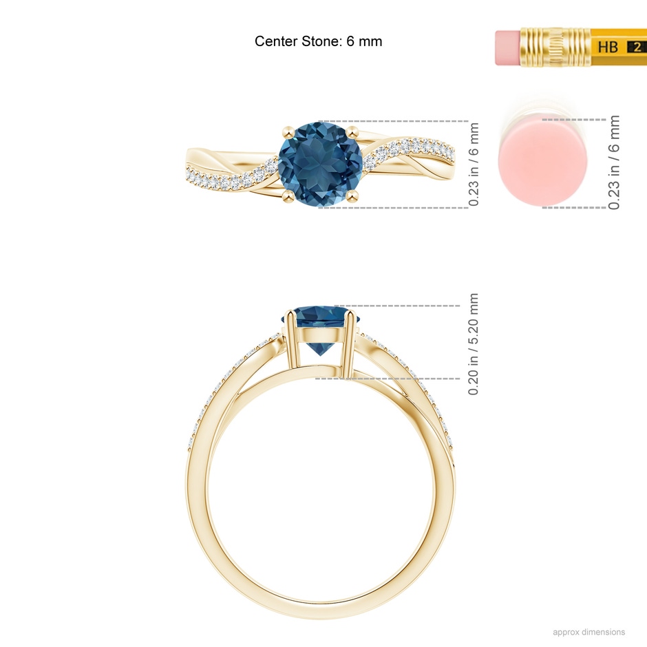 6mm AA Solitaire London Blue Topaz Twisted Split Shank Ring in Yellow Gold ruler