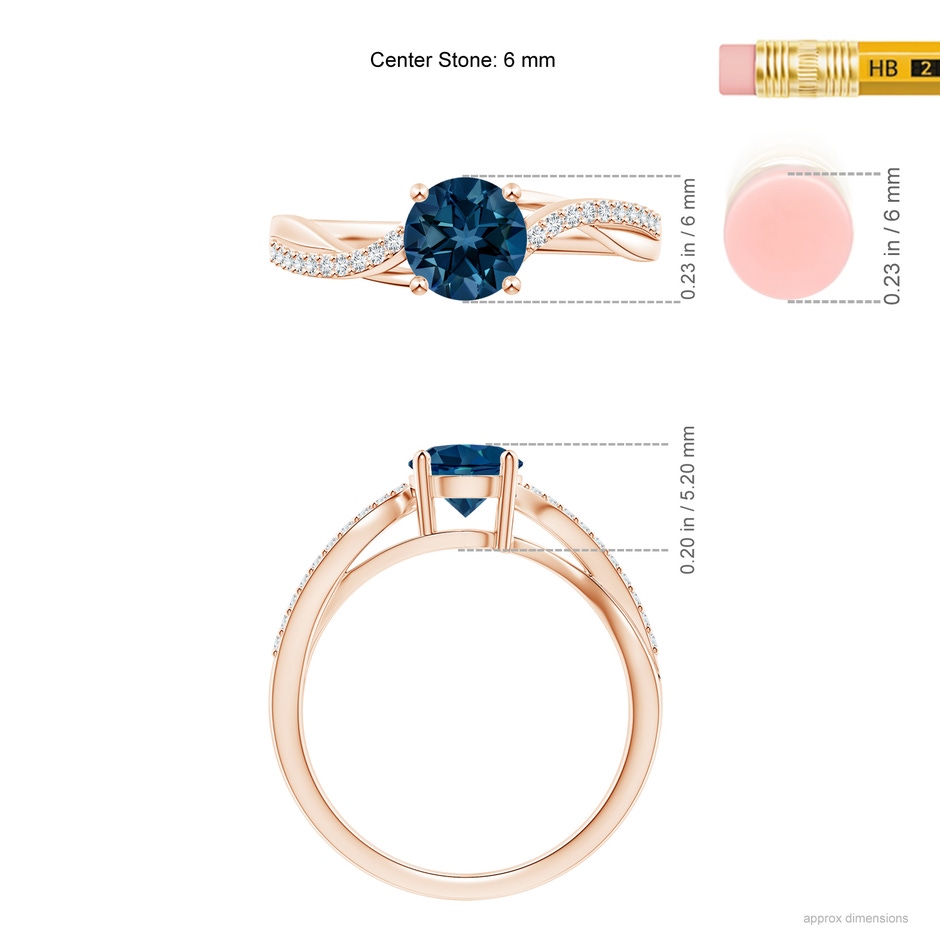 6mm AAAA Solitaire London Blue Topaz Twisted Split Shank Ring in Rose Gold ruler
