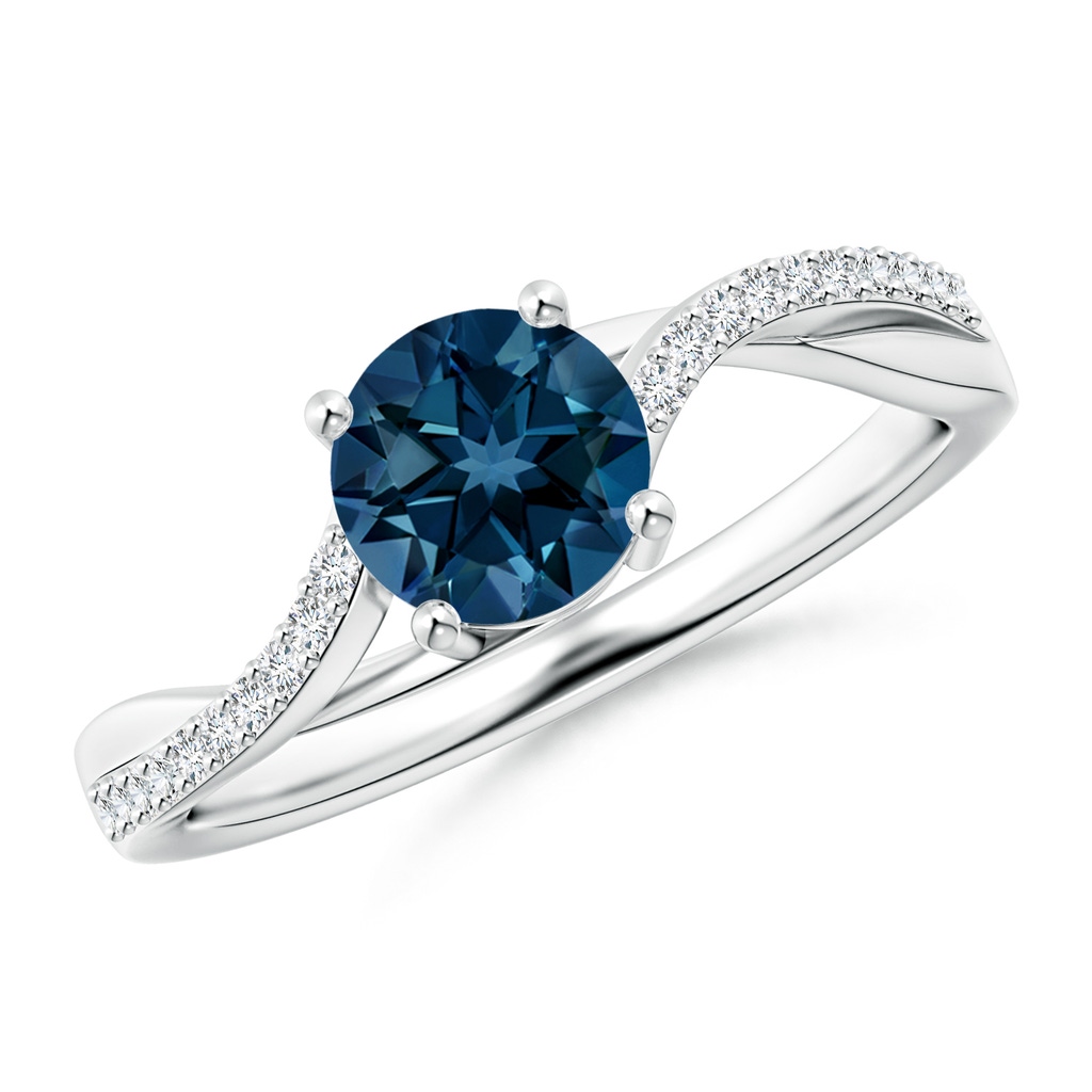 6mm AAAA Solitaire London Blue Topaz Twisted Split Shank Ring in White Gold