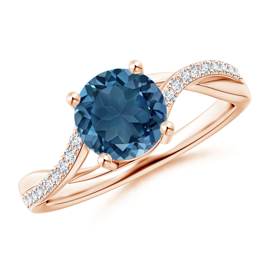 7mm AA Solitaire London Blue Topaz Twisted Split Shank Ring in Rose Gold 