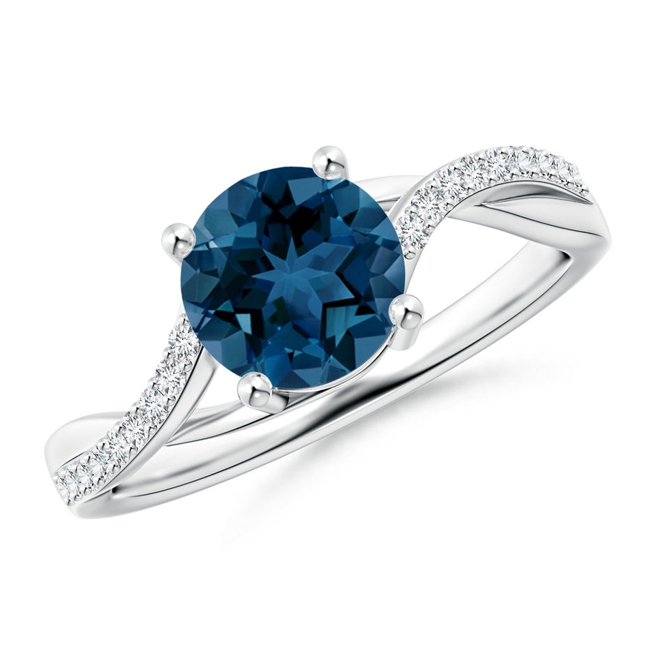7mm AAA Solitaire London Blue Topaz Twisted Split Shank Ring in White Gold 