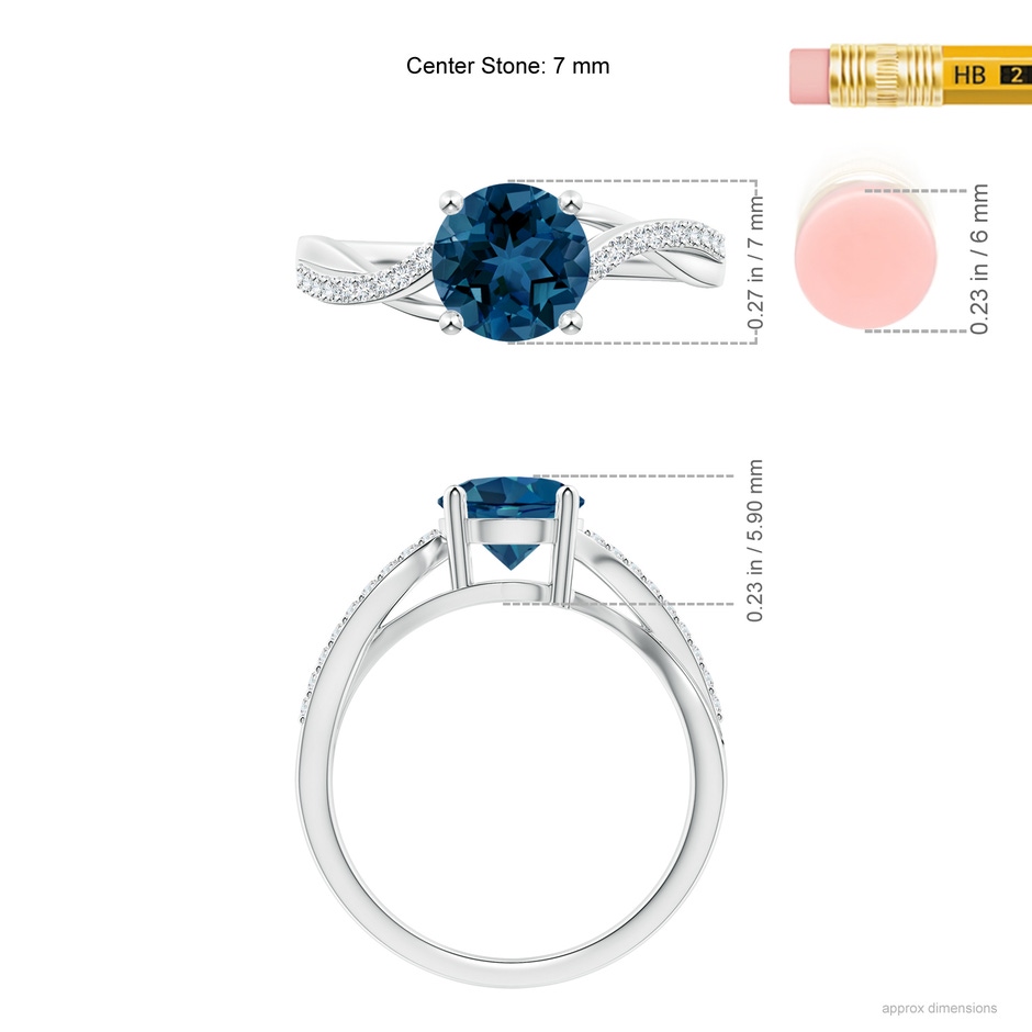 7mm AAA Solitaire London Blue Topaz Twisted Split Shank Ring in White Gold ruler