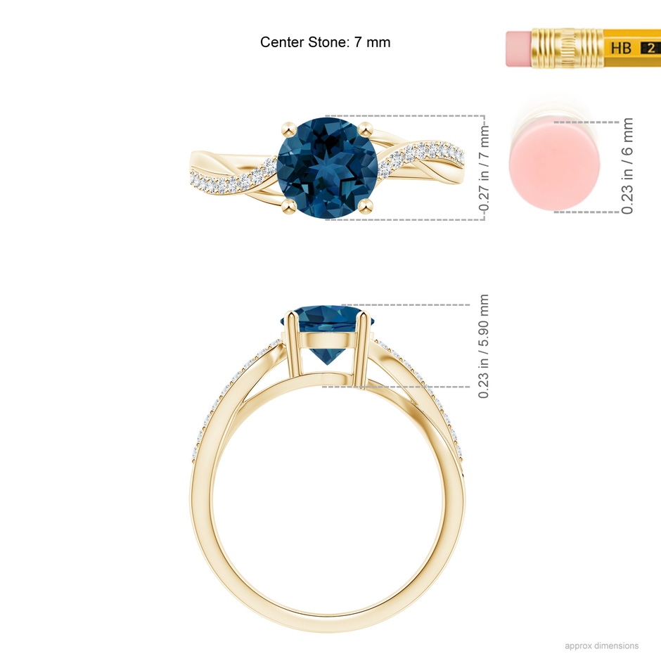 7mm AAA Solitaire London Blue Topaz Twisted Split Shank Ring in Yellow Gold ruler