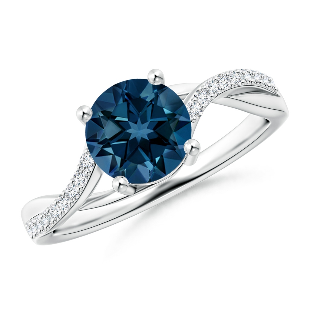 7mm AAAA Solitaire London Blue Topaz Twisted Split Shank Ring in White Gold