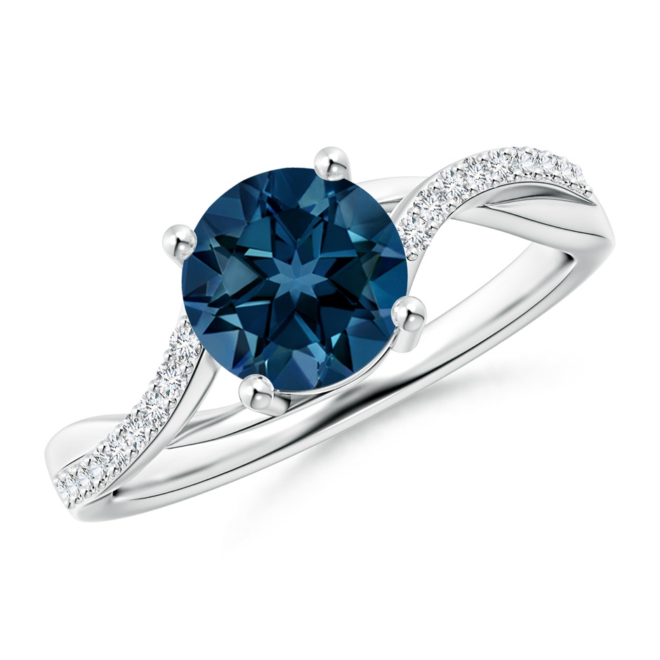 7mm AAAA Solitaire London Blue Topaz Twisted Split Shank Ring in White Gold 